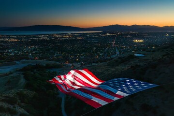 Canvas Print - World's largest free-flying American flag in canyon above Pleasant Grove city at sunset, Utah