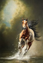 Horse On The Beach Running Free Through Water, Wild Stallion