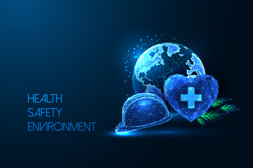 Wall Mural - Concept of Health Safety Environment in futuristic glowing low polygonal style on blue background