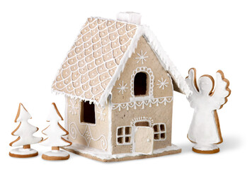 Sticker - Homemade gingerbread house on brown background