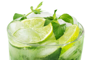 Canvas Print - Close-up of fresh fruit juice isolated on white background