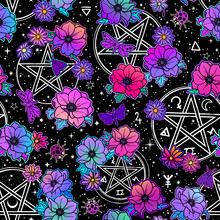 Seamless Vector Pattern Of Magical Symbols And Flowers