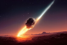Digital Illustration Of A Giant Meteorite Hitting The Surface Of Earth In A Dramatic, Cinematic Art. A Large Rock Formation Flying Into Earth In A Catastrophe Science Fiction Digital Drawing.