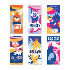 Wall Mural - Birds and Animal Poster and Cards with Llama, Monkey, Rhino and Ostrish Vector Set