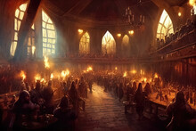 Concept Art Featuring The Hall Of God Odin In Asgard Where Viking Heroes Are Feasting, Drinking Ale And Celebrating. Wooden Medieval Interior Featuring Valhalla In Norse Mythology. Grand Majestic Hall
