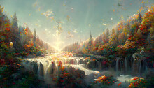 Fantasy Autumn Waterfalls Scenery At Sunny Day, Neural Network Generated Art. Digitally Generated Image. Not Based On Any Actual Scene Or Pattern.