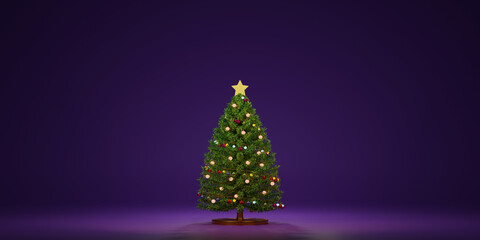 Wall Mural - Christmas tree decoration on purple background with copy space.