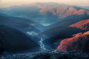 Poster - Beautiful mountain valley at sunrise