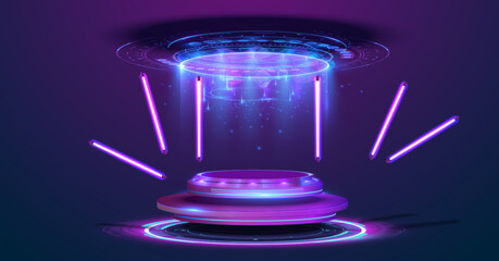 Fototapete - Circle portals, teleport, hologram gadget. Blank display, stage or magic portal, podium for show product in futuristic cyberpunk style. Sky-fi digital hi-tech fui elements for presentation product.