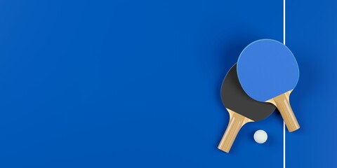 Wall Mural - Two table tennis or ping pong paddles or rackets with table tennis ball on blue table background flat lay top view from above with copy space