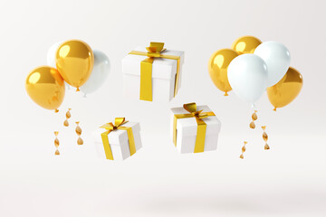 Canvas Print - Gold gift boxes on a light background with ribbons and balloons in the background. Concept of making gifts, buying gifts, shopping. 3D render, 3D illustration.