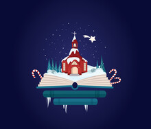 Imagination Concept - Christmas Fairy Tail Story Come Out Of A Book. Book Shop Christmas. Red Church With Bethlejem Star. Winter Scenery For Christams Card
