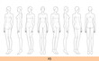 © Vectoressa - Set of XS size Women Fashion template 9 head Croquis Lady model skinny body with main lines figure front, side, 3-4, back view. Vector outline girl for Fashion Design, Illustration, technical drawing