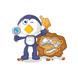 Sticker - penguin archaeologists with fossils mascot. cartoon vector