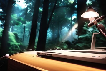 Wall Mural -  laptop and dense forest. Generative AI Technology