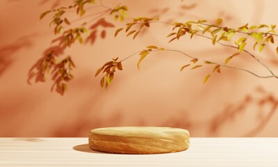 Wooden round cylinder podium stage platform with autumn tree on orange background. Nature and seasonal concept. 3D illustration rendering