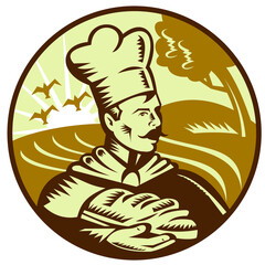 Wall Mural - Done in retro woodcut style, imagery shows a baker holding a loaf of bread with farm in the background. Three (3) colors used in this illustration.