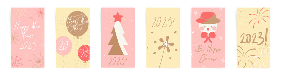 Merry Christmas vertical greeting cards. Trendy minimal winter and new year holidays templates for social media stories, promo posts, postcards, banners and flyers.