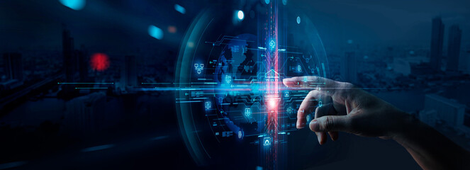 Fototapete - Digital banking, Virtual bank, Online banking and digital money. Man touch Digital virtual bank on network of Financial data and banking and Decentralized Finance, FinTech, cyber security. e-KYC.