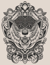 Illustration Tiger Head Engraving Style With Mask