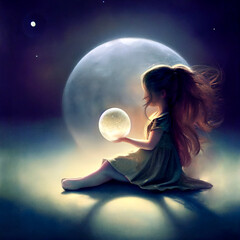 little girl holding the moon sillhouetted against the full moon in the night sky