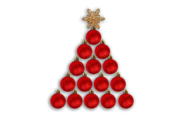 Poster - Greeting card christmas tree is made of sparkling red christmas balls, template for copy space text