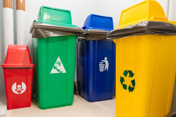 Colorful trash dustbin, Red, green, blue and yellow bin for Hazardous, Biodegradable, General and Recyclable waste. recycling management, waste segregation, garbage and rubbish concept