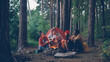 © silverkblack - Man tourist in casual clothing is playing the guitar while his friends are cooking and eating sweet marshmallow sitting around campfire on autumn day. People and camp fun concept.