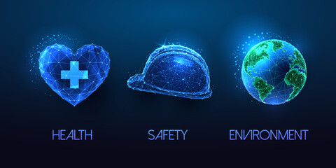 concept of health safety environment in futuristic glowing low polygonal style on blue background
