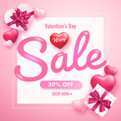 Wall Mural - Valentine's day sale banner. Discount promotion for shopping. Background with heart elements and gift boxes.