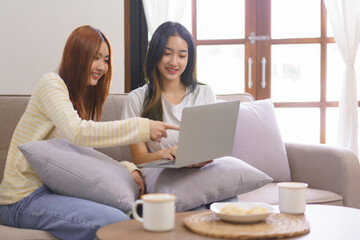 Wall Mural - Relax at home concept, Lesbian couple pointing on laptop and typing data while working together