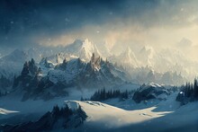 Winter Snow Covered Mountains, Mountaineering, Extreme Sport, Exploring The World Clouds, Sunset Landscape, Beauty Peace Misty Inspiring