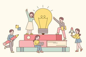 Wall Mural - a large book is piled up, and a light bulb is lit on top of the book. the students are climbing the 