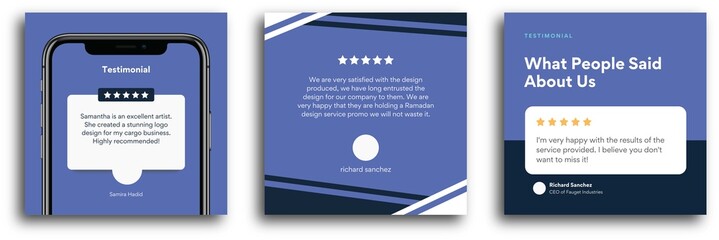 Modern and creative client testimonial social media post design. Customer service feedback review social media post or web banner with color variation