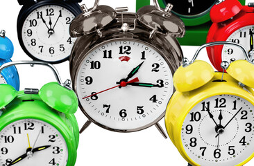 Wall Mural - Retro alarm clocks on table  background