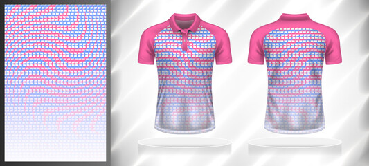 Vector sport pattern design template for Polo T-shirt front and back view mockup. Pink-blue-white color gradient abstract geometric texture background illustration.