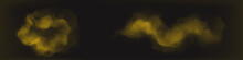 Set Of Yellow Dust Clouds Isolated On Black Background. Magic Fairy Or Flower Pollen Sparkling. Golden Mist Or Smoke Flying In Air, Creating Christmas Mystery Atmosphere. Realistic Vector Illustration