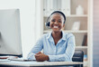 Call center, customer service and black woman consultant in office for consulting, crm and customer support. Portrait, contact us and face of telemarketing manager happy, smile and relax online job
