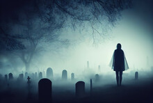 The Ghost Of A Girl In An Old Cemetery Covered In Fog. Realistic Digital Illustration. Fantastic Background. Concept Art. CG Artwork.