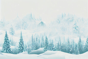 Landscape graphic design for winter season. snow field on the hill and Christmas tree forest. Poster card cover wallpaper background.