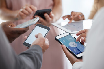 Aufkleber - Hands, phone and collaboration in networking, marketing or communication together with technology at office. Group hand of business people working in social media with mobile devices at the workplace