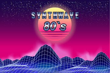 Wall Mural - Synthwave 80 s retro banner vaporwave aesthetic background. Mountains grid 3d, sunset retrowave