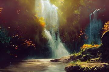 Wall Mural - beautiful waterfall in fariytale, illustration of natural lush vegetation. masterpiece art backgroun