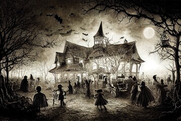 Dark illustration of happy halloween night at the farm field-6