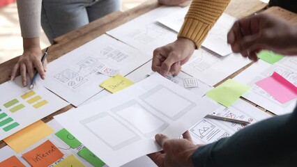 ux Graphic designer creative sketch planning application process development prototype wireframe for web mobile phone . User experience concept.