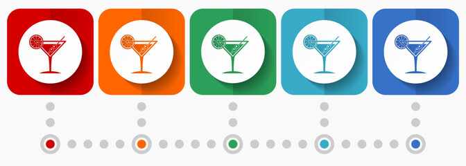 Fototapete - Tropical drink, alcohol, bar, martini in glass vector icons, infographic template, set of flat design symbols in 5 color options