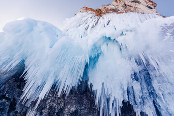 Canvas Print - Banner blue clear ice cave on Baikal lake in winter landscape