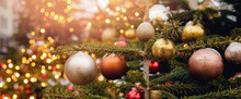 Banner Photo Gold And Red Ball Decorated Christmas Tree Pine On Blurred Background Bokeh Sun Light