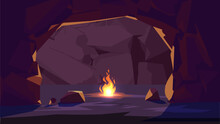 Fire In The Cave, Prehistoric Times Scene - Flat Vector Illustration.