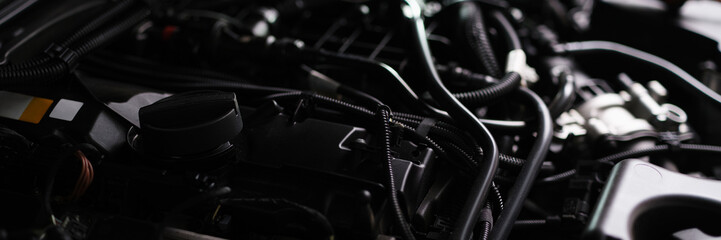 New car engine closeup. Powerful engine of modern car